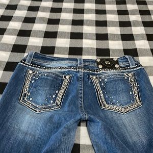 Miss Me Easy Crop Jeans Size 30 x 20 Metallic Thick Stitch Rhinestones Distress